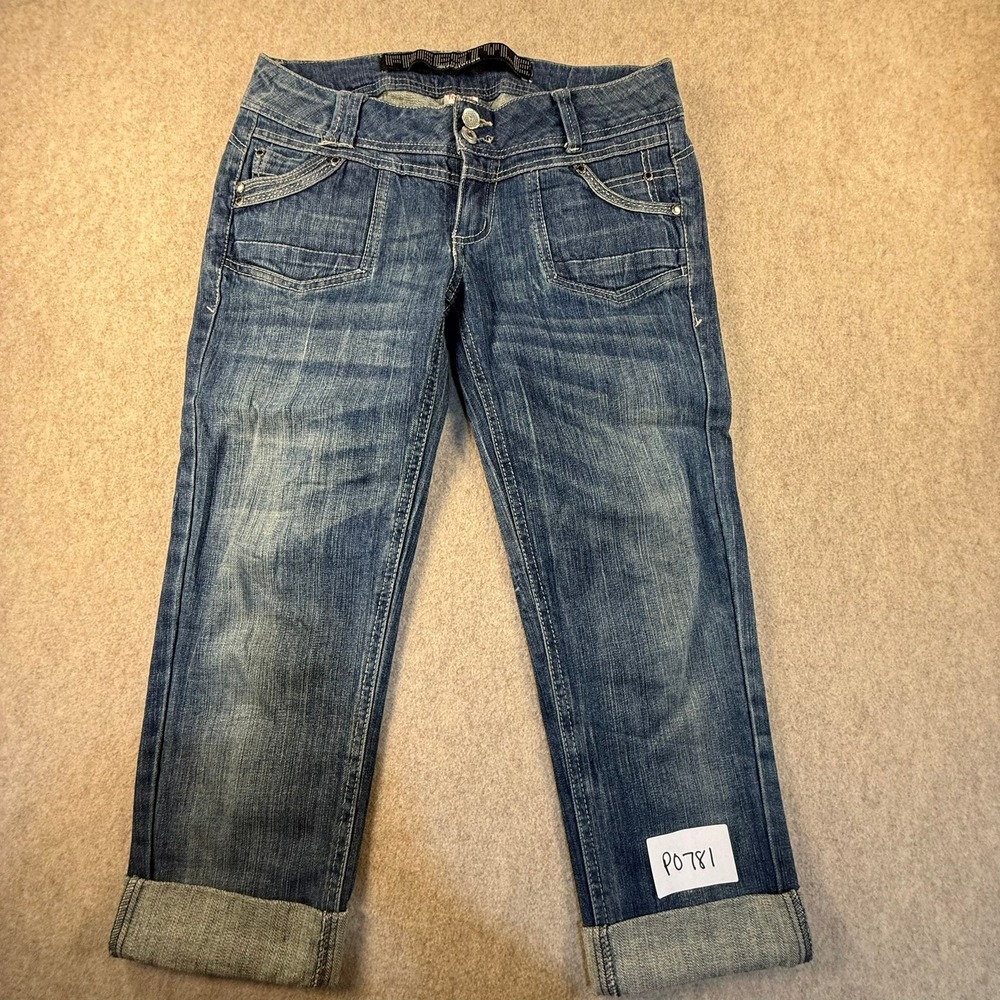 Y2K Freestyle Revolution Womens Cropped Jeans Blue Medium Wash Cuffed Capris 7